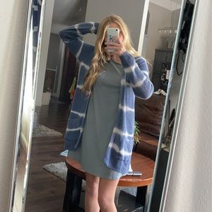 Blue a white cardigan